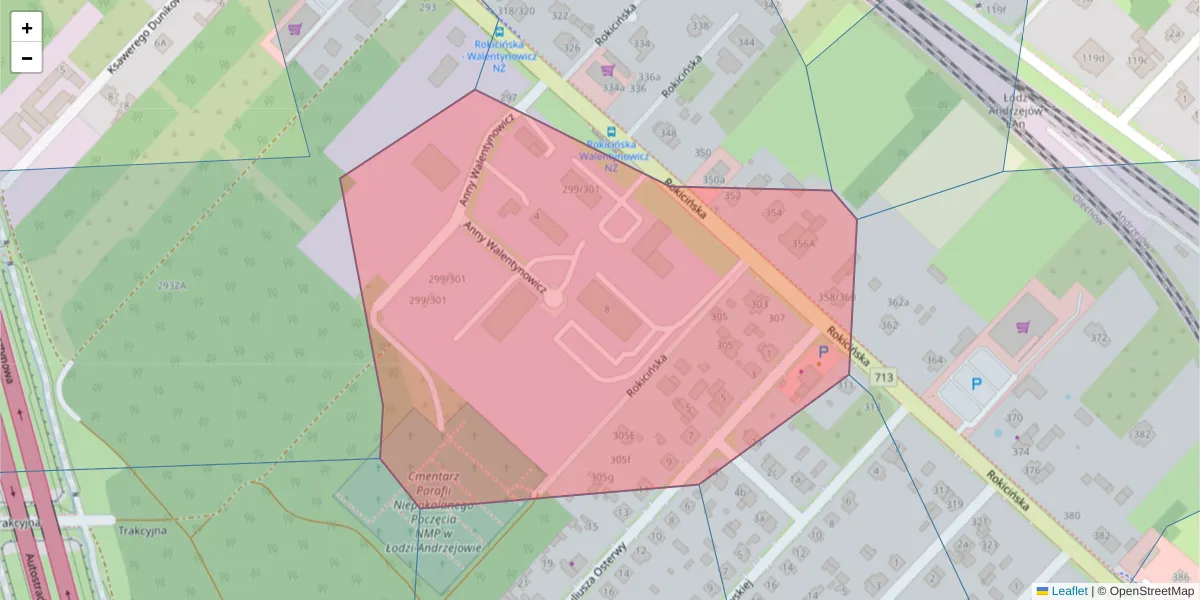 Szczegółowa mapa kodu pocztowego 92-621 z granicami, sąsiednimi kodami pocztowymi i urzędami pocztowymi