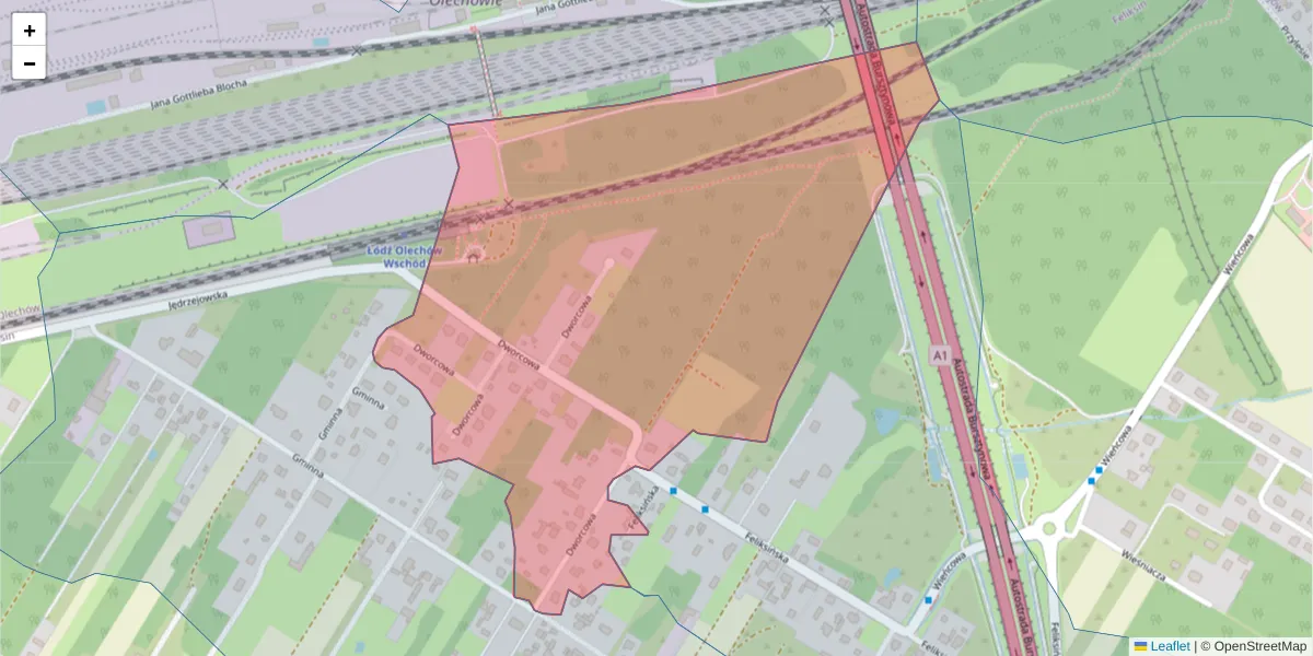 Szczegółowa mapa kodu pocztowego 92-636 z granicami, sąsiednimi kodami pocztowymi i urzędami pocztowymi