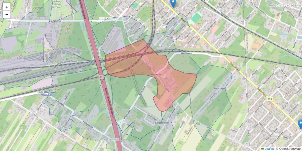Szczegółowa mapa kodu pocztowego 92-644 z granicami, sąsiednimi kodami pocztowymi i urzędami pocztowymi