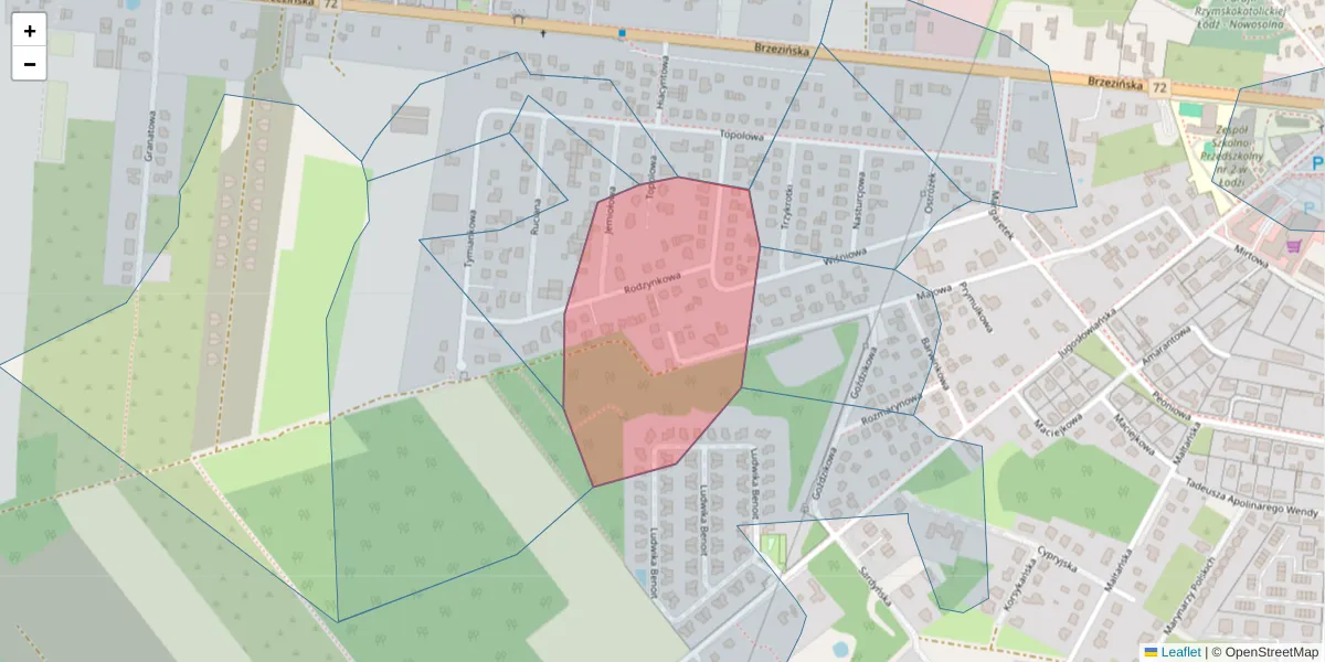 Szczegółowa mapa kodu pocztowego 92-709 z granicami, sąsiednimi kodami pocztowymi i urzędami pocztowymi