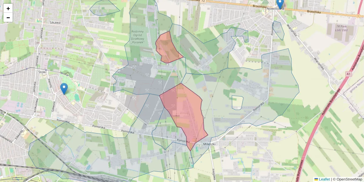 Szczegółowa mapa kodu pocztowego 92-736 z granicami, sąsiednimi kodami pocztowymi i urzędami pocztowymi