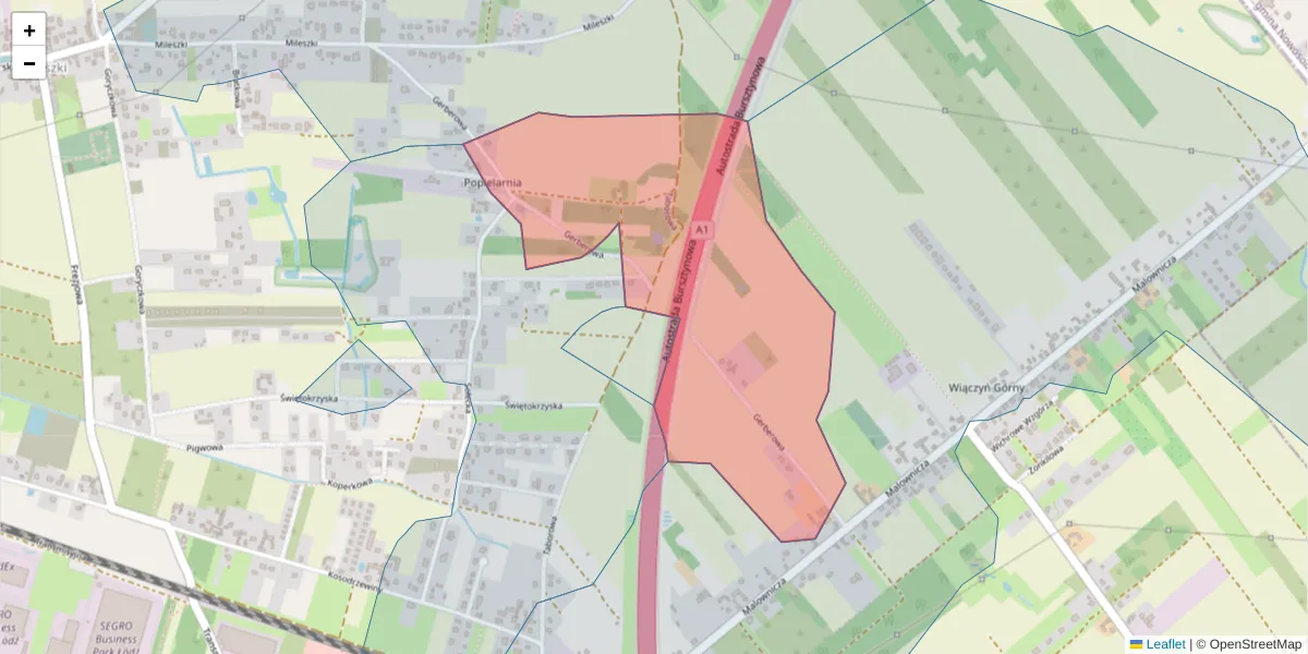 Szczegółowa mapa kodu pocztowego 92-739 z granicami, sąsiednimi kodami pocztowymi i urzędami pocztowymi