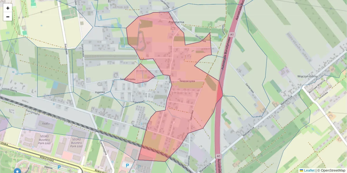Szczegółowa mapa kodu pocztowego 92-742 z granicami, sąsiednimi kodami pocztowymi i urzędami pocztowymi