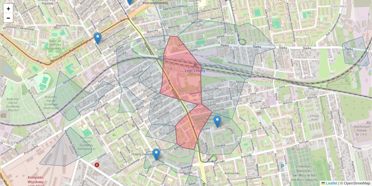 Szczegółowa mapa kodu pocztowego 93-002 z granicami, sąsiednimi kodami pocztowymi i urzędami pocztowymi