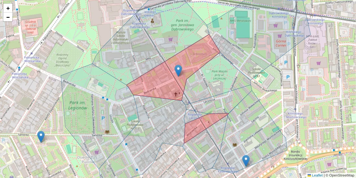 Szczegółowa mapa kodu pocztowego 93-008 z granicami, sąsiednimi kodami pocztowymi i urzędami pocztowymi