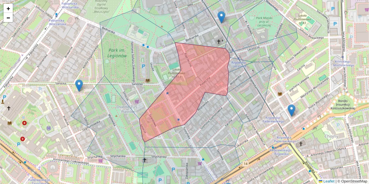 Szczegółowa mapa kodu pocztowego 93-015 z granicami, sąsiednimi kodami pocztowymi i urzędami pocztowymi