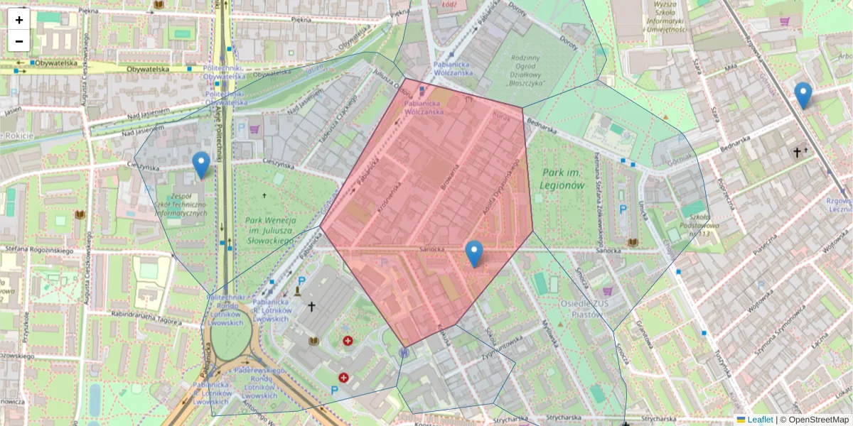 Szczegółowa mapa kodu pocztowego 93-038 z granicami, sąsiednimi kodami pocztowymi i urzędami pocztowymi