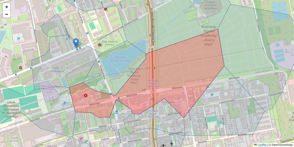 Szczegółowa mapa kodu pocztowego 93-113 z granicami, sąsiednimi kodami pocztowymi i urzędami pocztowymi