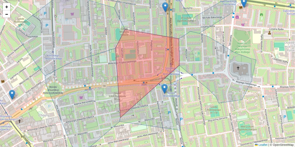 Szczegółowa mapa kodu pocztowego 93-142 z granicami, sąsiednimi kodami pocztowymi i urzędami pocztowymi