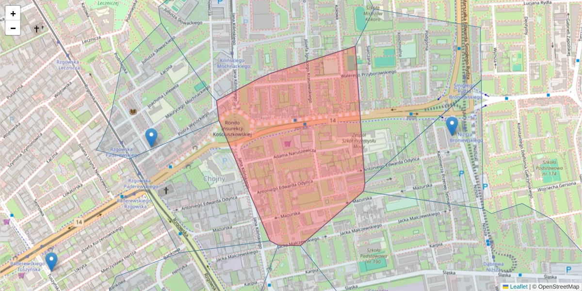 Szczegółowa mapa kodu pocztowego 93-162 z granicami, sąsiednimi kodami pocztowymi i urzędami pocztowymi