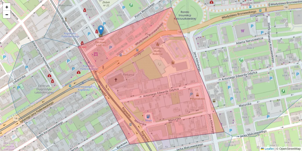 Szczegółowa mapa kodu pocztowego 93-184 z granicami, sąsiednimi kodami pocztowymi i urzędami pocztowymi