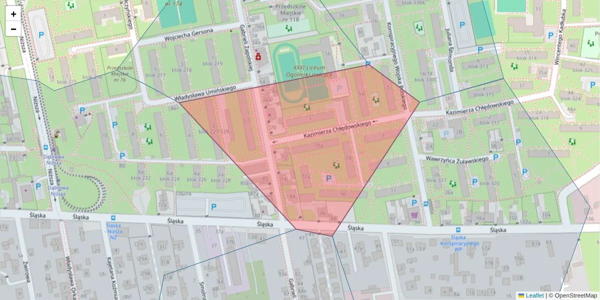 Szczegółowa mapa kodu pocztowego 93-204 z granicami, sąsiednimi kodami pocztowymi i urzędami pocztowymi