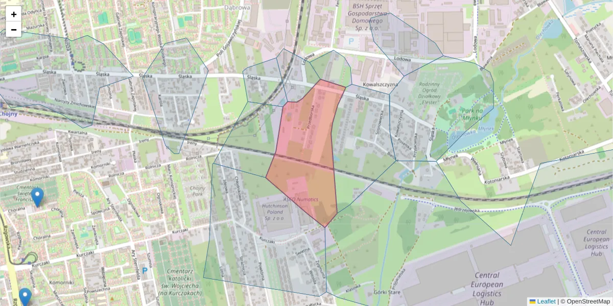 Szczegółowa mapa kodu pocztowego 93-245 z granicami, sąsiednimi kodami pocztowymi i urzędami pocztowymi