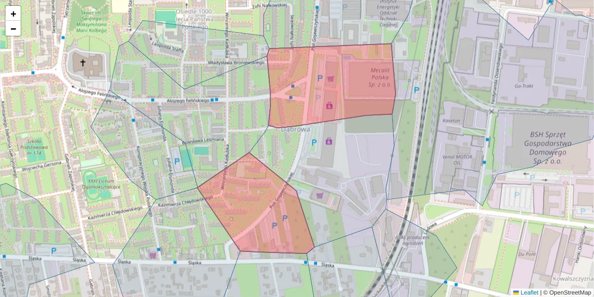Szczegółowa mapa kodu pocztowego 93-249 z granicami, sąsiednimi kodami pocztowymi i urzędami pocztowymi