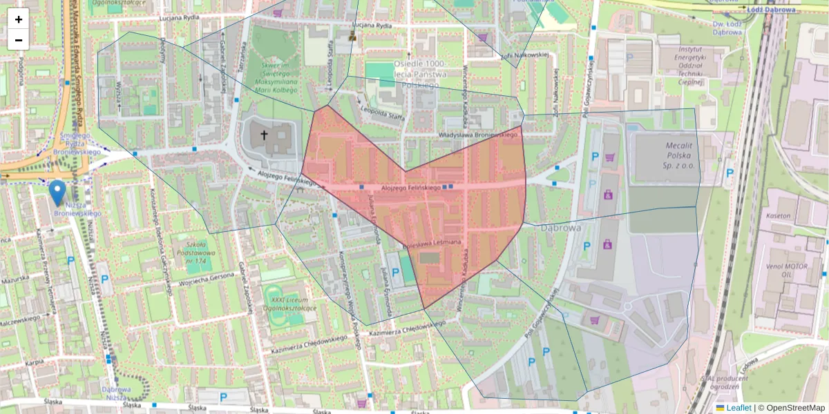 Szczegółowa mapa kodu pocztowego 93-252 z granicami, sąsiednimi kodami pocztowymi i urzędami pocztowymi