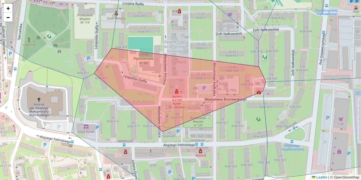 Szczegółowa mapa kodu pocztowego 93-264 z granicami, sąsiednimi kodami pocztowymi i urzędami pocztowymi