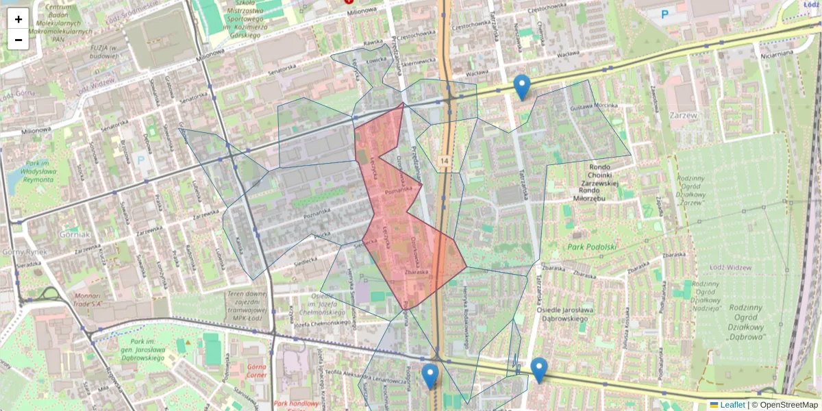 Szczegółowa mapa kodu pocztowego 93-285 z granicami, sąsiednimi kodami pocztowymi i urzędami pocztowymi