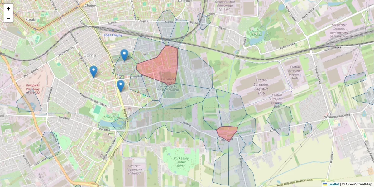 Szczegółowa mapa kodu pocztowego 93-331 z granicami, sąsiednimi kodami pocztowymi i urzędami pocztowymi