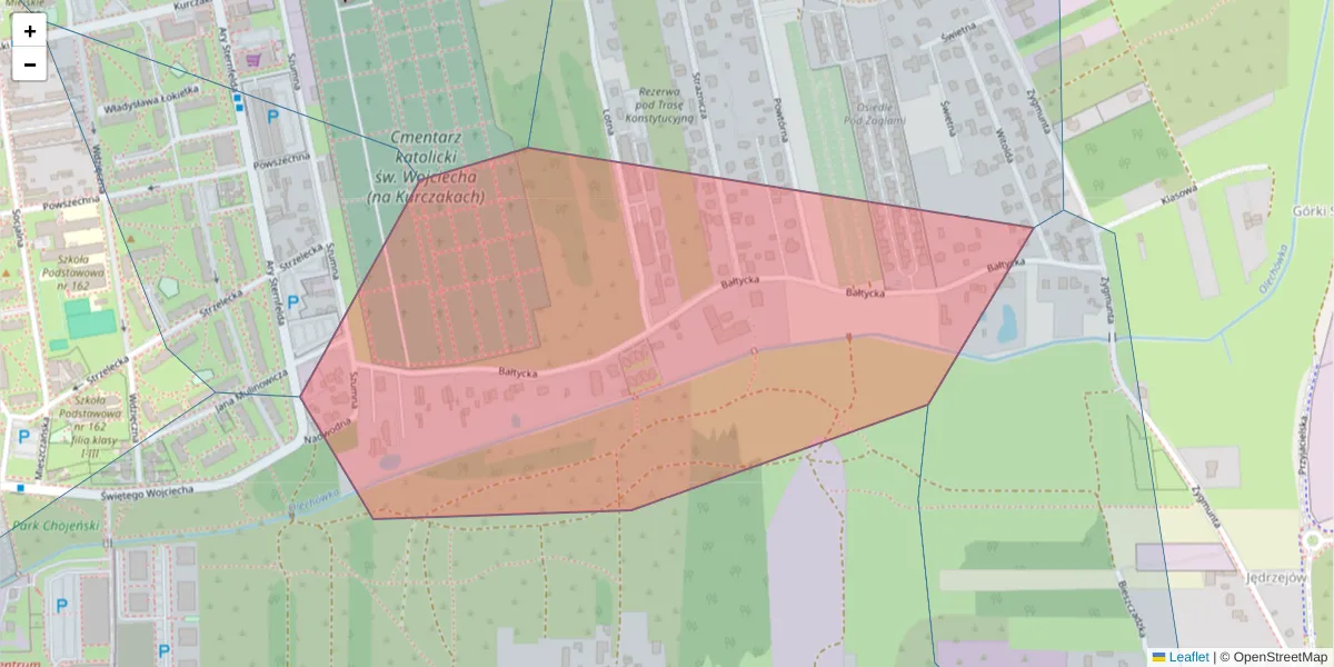 Szczegółowa mapa kodu pocztowego 93-332 z granicami, sąsiednimi kodami pocztowymi i urzędami pocztowymi