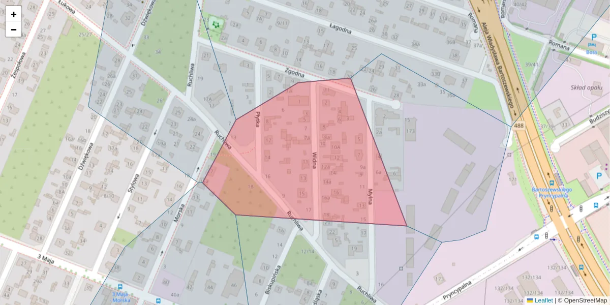 Szczegółowa mapa kodu pocztowego 93-372 z granicami, sąsiednimi kodami pocztowymi i urzędami pocztowymi