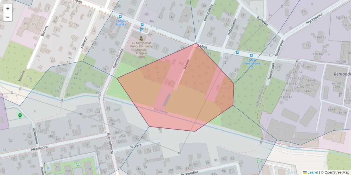 Szczegółowa mapa kodu pocztowego 93-415 z granicami, sąsiednimi kodami pocztowymi i urzędami pocztowymi