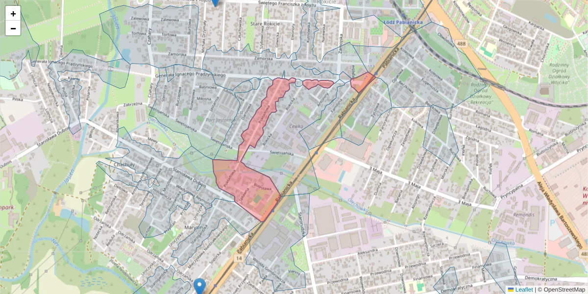 Szczegółowa mapa kodu pocztowego 93-492 z granicami, sąsiednimi kodami pocztowymi i urzędami pocztowymi