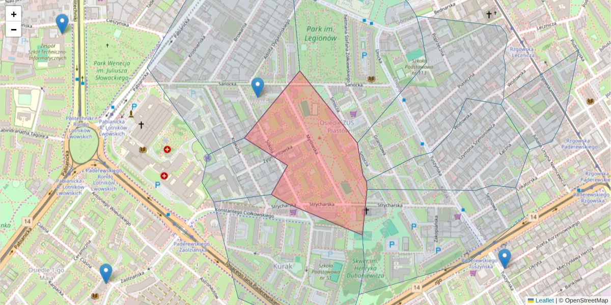 Szczegółowa mapa kodu pocztowego 93-519 z granicami, sąsiednimi kodami pocztowymi i urzędami pocztowymi