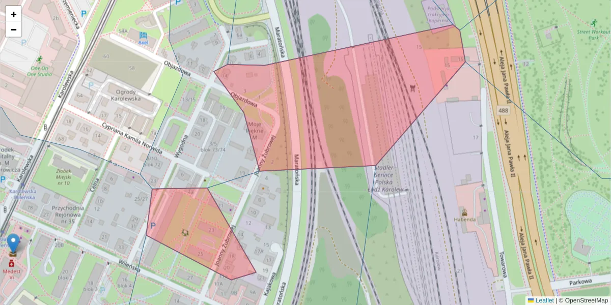 Szczegółowa mapa kodu pocztowego 94-025 z granicami, sąsiednimi kodami pocztowymi i urzędami pocztowymi