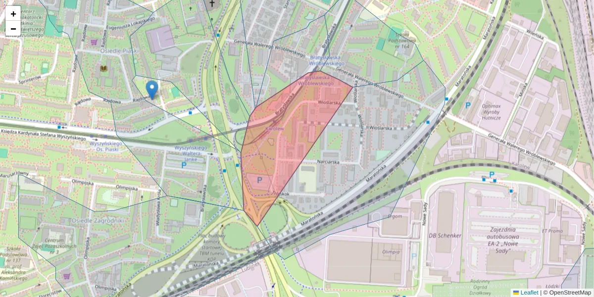 Szczegółowa mapa kodu pocztowego 94-040 z granicami, sąsiednimi kodami pocztowymi i urzędami pocztowymi