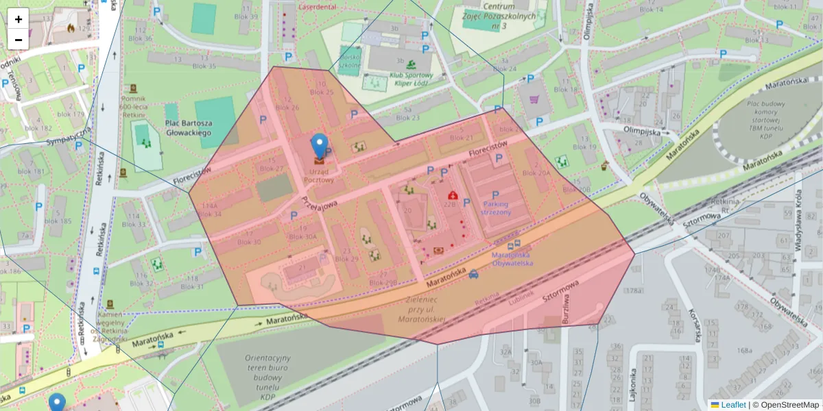 Szczegółowa mapa kodu pocztowego 94-044 z granicami, sąsiednimi kodami pocztowymi i urzędami pocztowymi