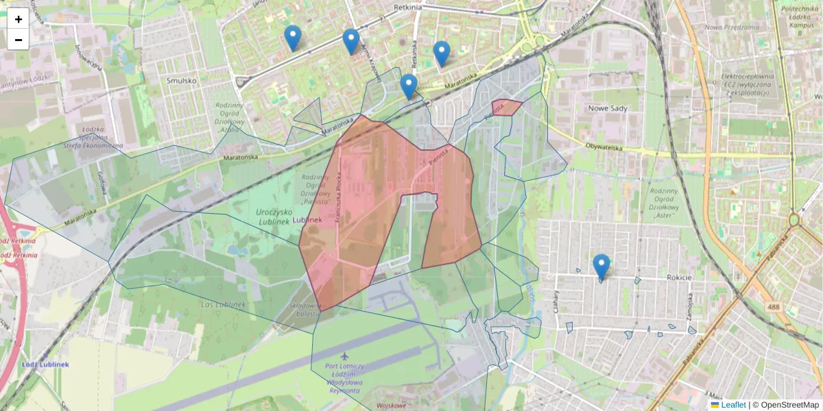 Szczegółowa mapa kodu pocztowego 94-109 z granicami, sąsiednimi kodami pocztowymi i urzędami pocztowymi