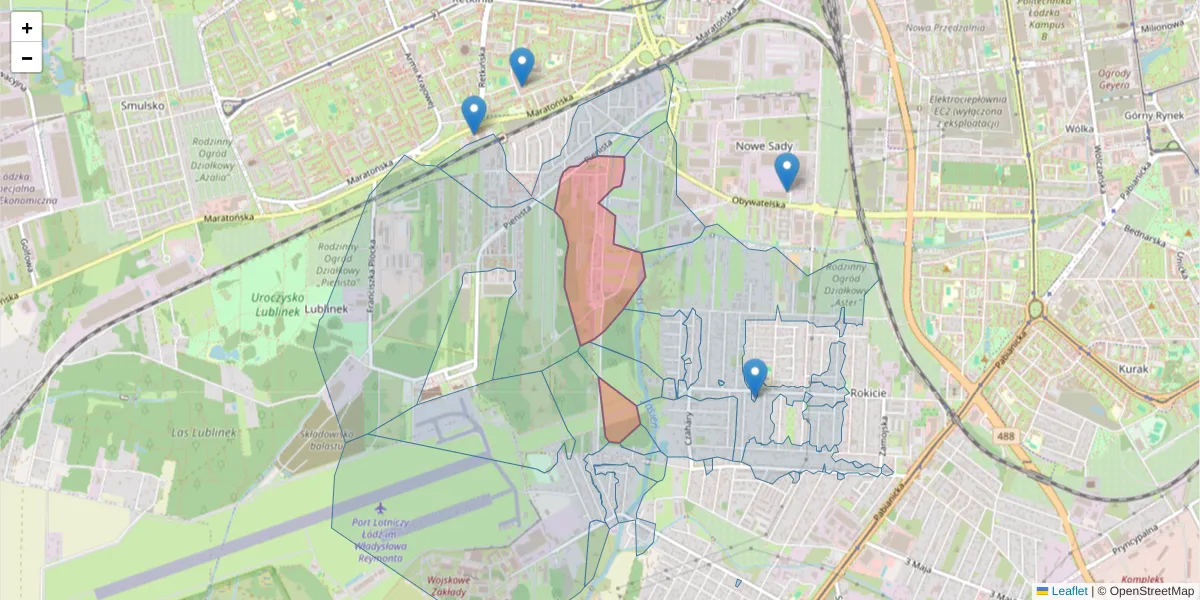 Szczegółowa mapa kodu pocztowego 94-110 z granicami, sąsiednimi kodami pocztowymi i urzędami pocztowymi
