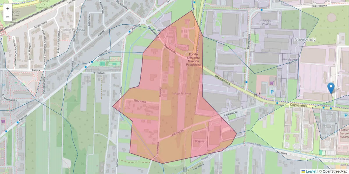 Szczegółowa mapa kodu pocztowego 94-111 z granicami, sąsiednimi kodami pocztowymi i urzędami pocztowymi
