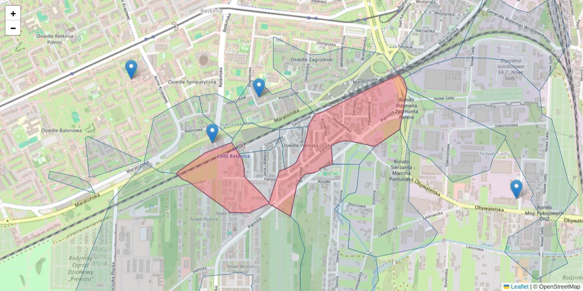 Szczegółowa mapa kodu pocztowego 94-115 z granicami, sąsiednimi kodami pocztowymi i urzędami pocztowymi