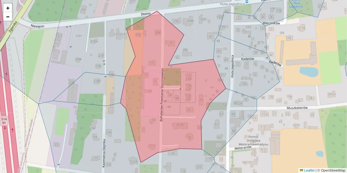 Szczegółowa mapa kodu pocztowego 94-333 z granicami, sąsiednimi kodami pocztowymi i urzędami pocztowymi