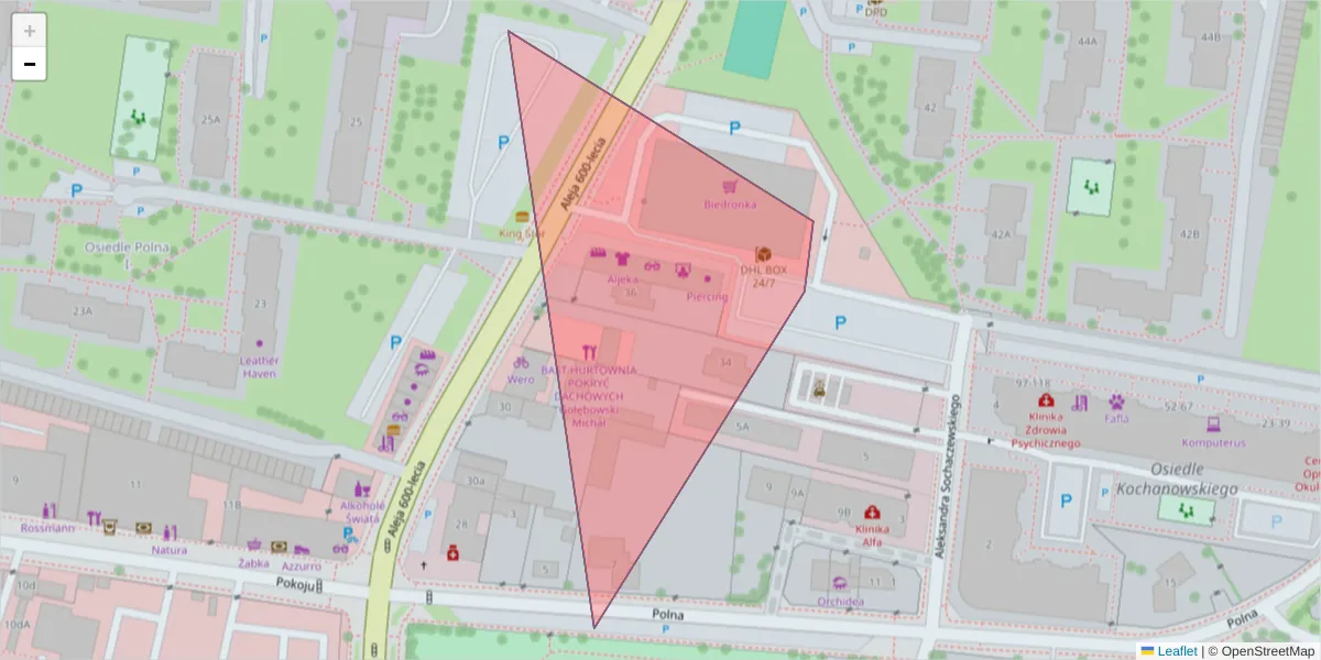 Szczegółowa mapa kodu pocztowego 95-500 z granicami, sąsiednimi kodami pocztowymi i urzędami pocztowymi