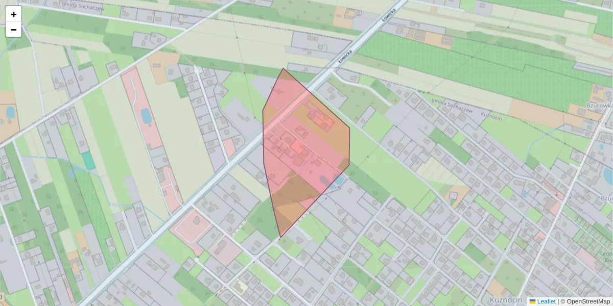 Szczegółowa mapa kodu pocztowego 96-502 z granicami, sąsiednimi kodami pocztowymi i urzędami pocztowymi