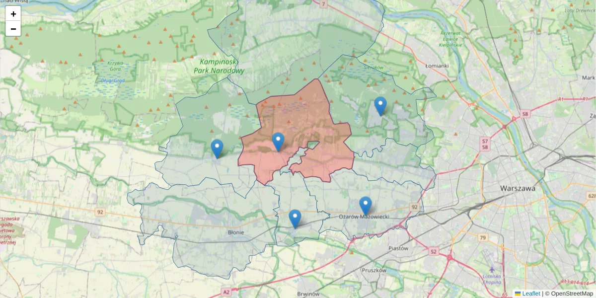 Szczegółowa mapa kodu pocztowego 05-083 z granicami, sąsiednimi kodami pocztowymi i urzędami pocztowymi