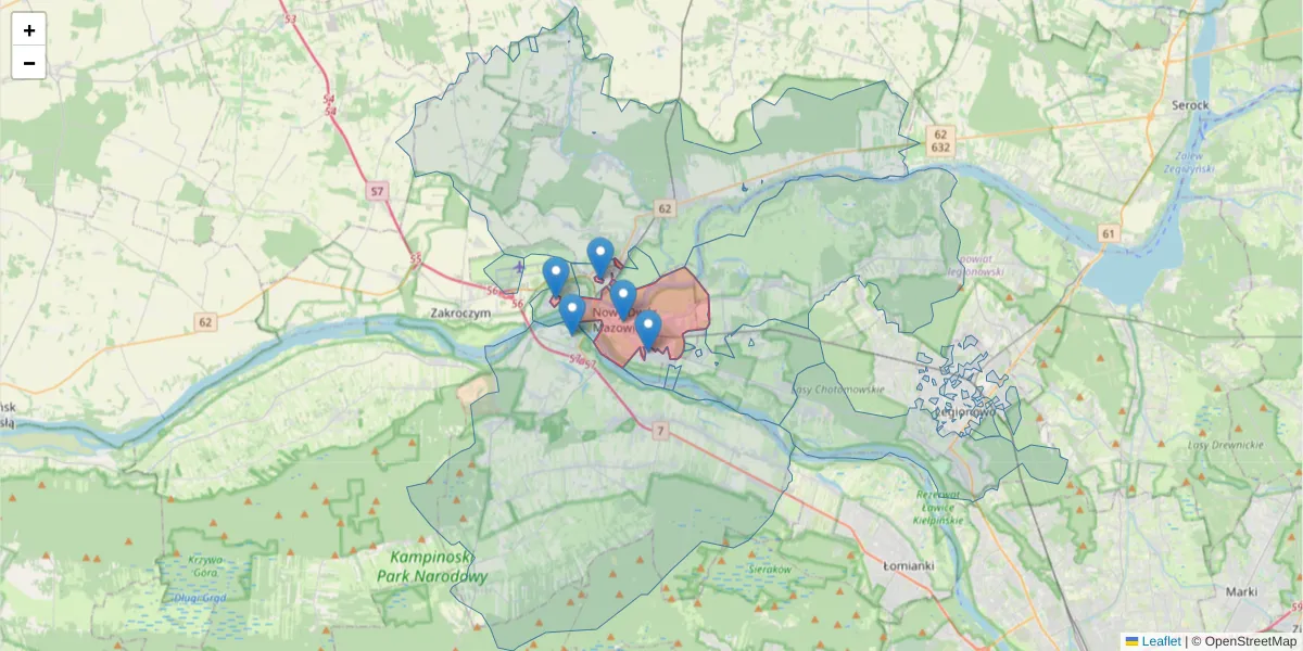 Szczegółowa mapa kodu pocztowego 05-100 z granicami, sąsiednimi kodami pocztowymi i urzędami pocztowymi