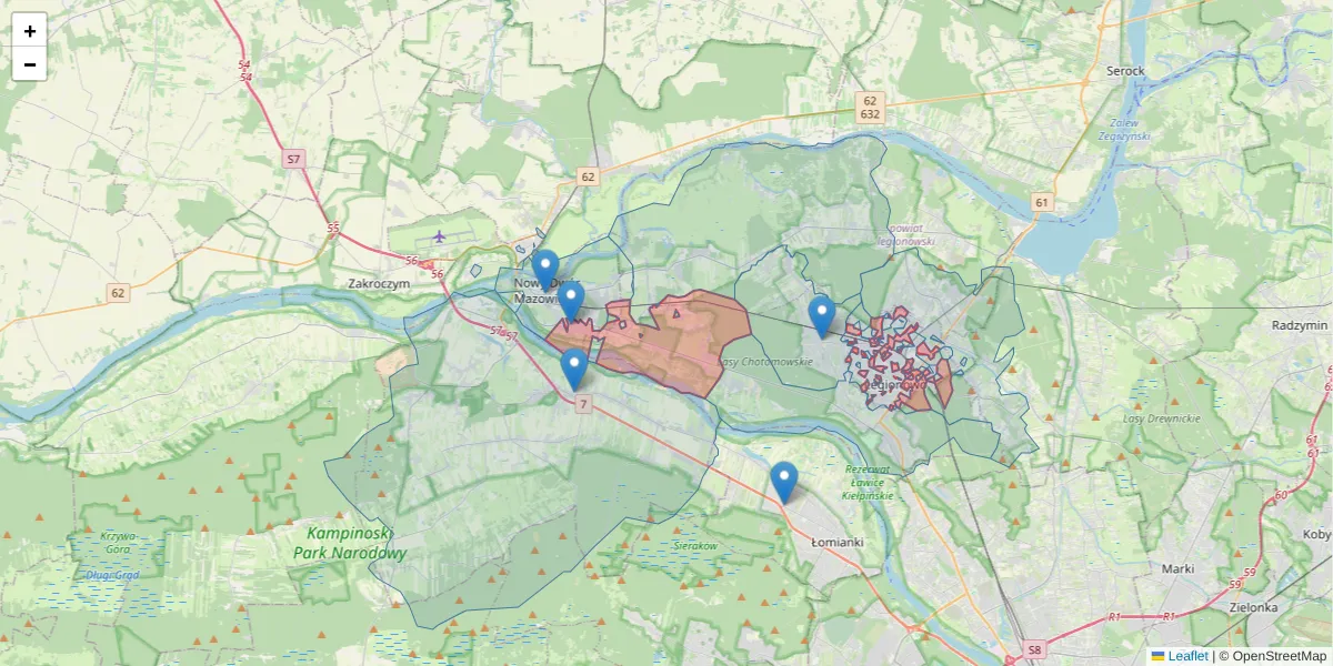Szczegółowa mapa kodu pocztowego 05-101 z granicami, sąsiednimi kodami pocztowymi i urzędami pocztowymi