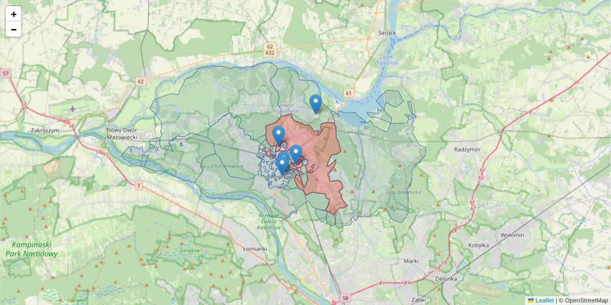 Szczegółowa mapa kodu pocztowego 05-119 z granicami, sąsiednimi kodami pocztowymi i urzędami pocztowymi