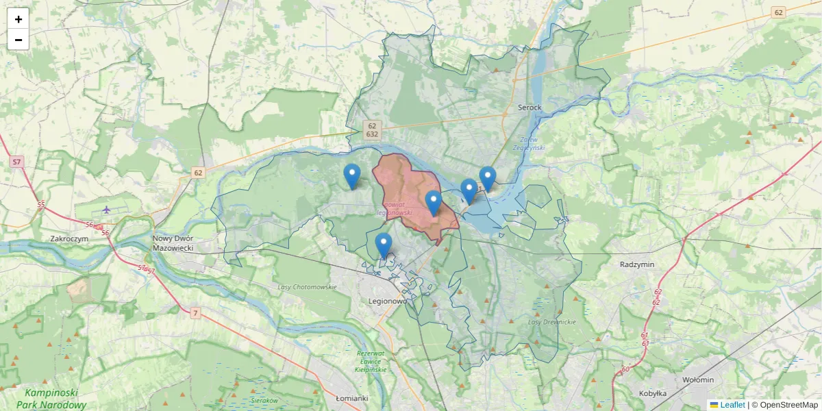 Szczegółowa mapa kodu pocztowego 05-135 z granicami, sąsiednimi kodami pocztowymi i urzędami pocztowymi