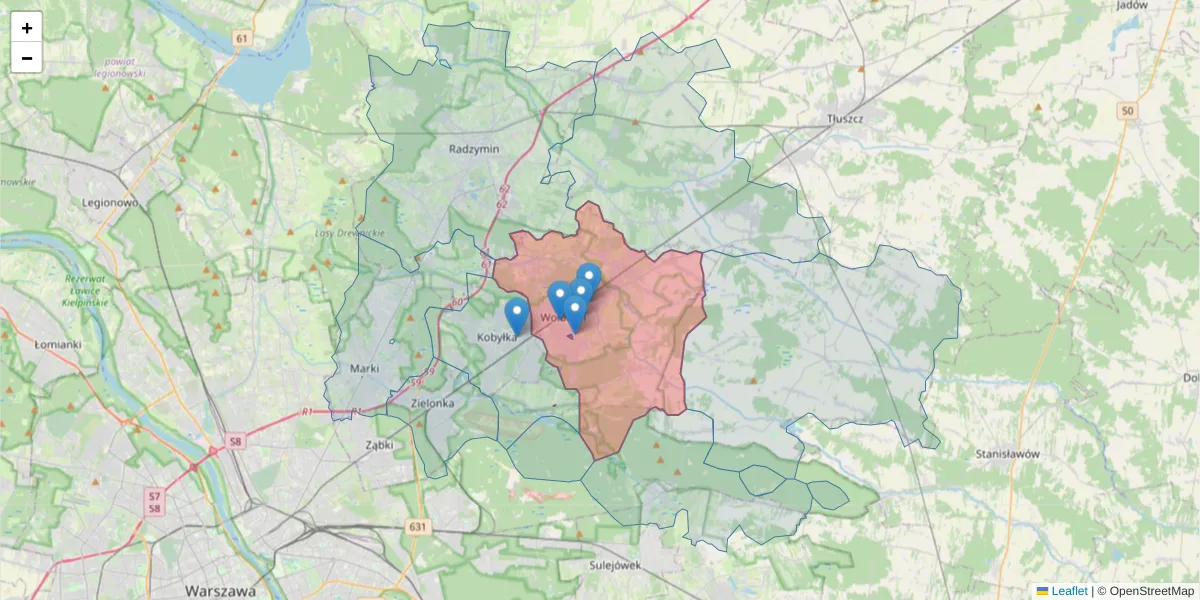 Szczegółowa mapa kodu pocztowego 05-200 z granicami, sąsiednimi kodami pocztowymi i urzędami pocztowymi