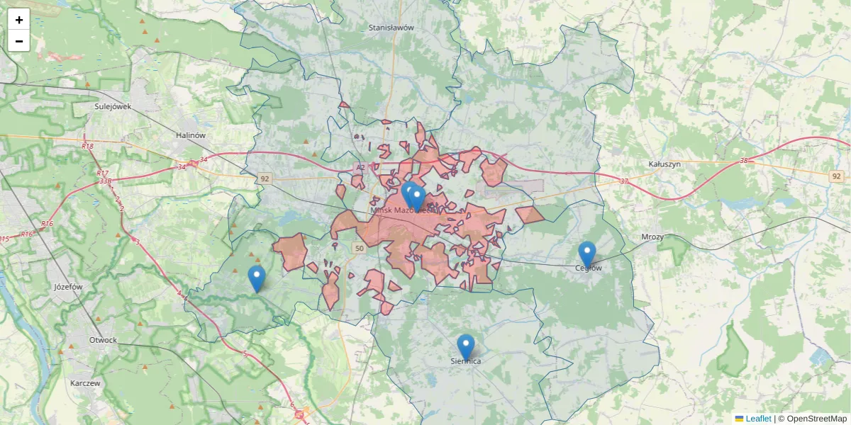 Szczegółowa mapa kodu pocztowego 05-300 z granicami, sąsiednimi kodami pocztowymi i urzędami pocztowymi