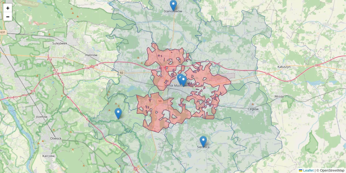 Szczegółowa mapa kodu pocztowego 05-303 z granicami, sąsiednimi kodami pocztowymi i urzędami pocztowymi