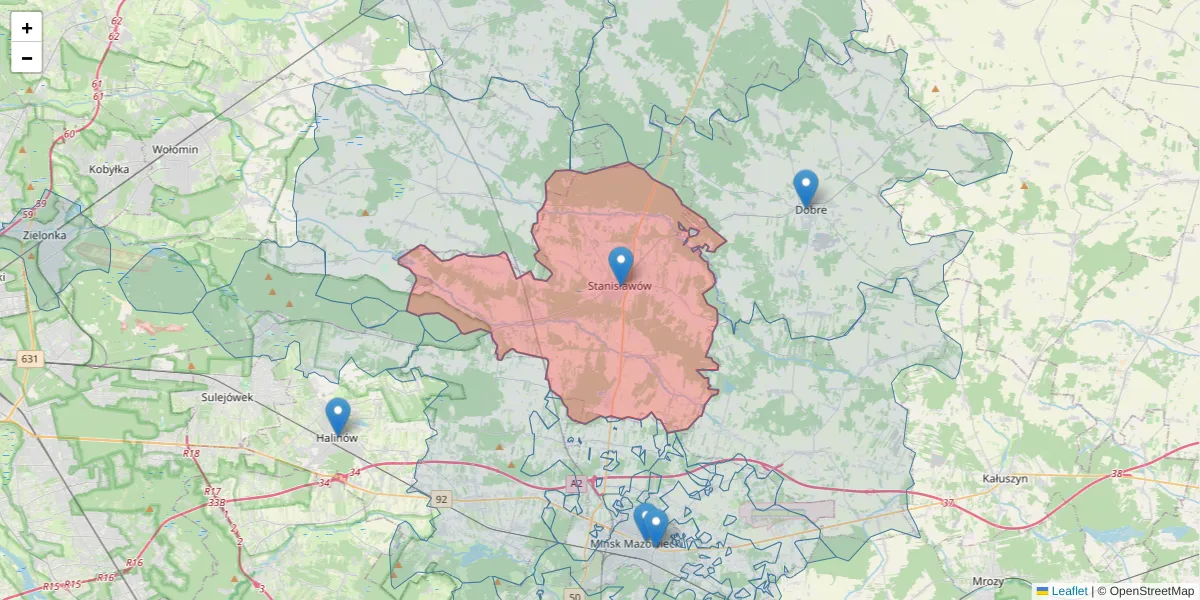 Szczegółowa mapa kodu pocztowego 05-304 z granicami, sąsiednimi kodami pocztowymi i urzędami pocztowymi