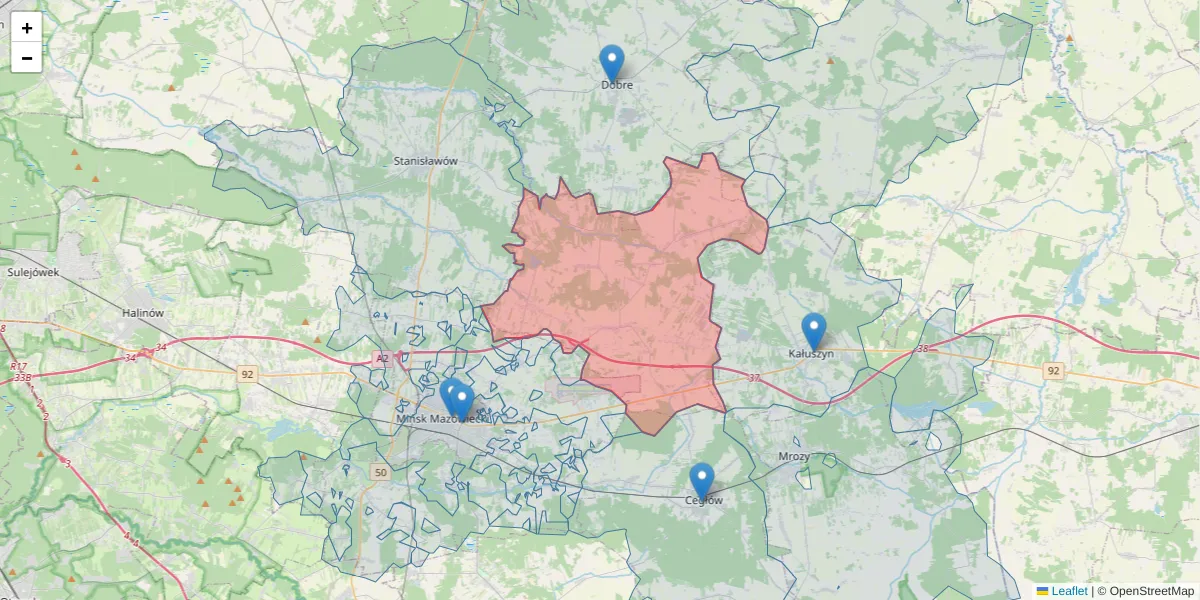 Szczegółowa mapa kodu pocztowego 05-306 z granicami, sąsiednimi kodami pocztowymi i urzędami pocztowymi