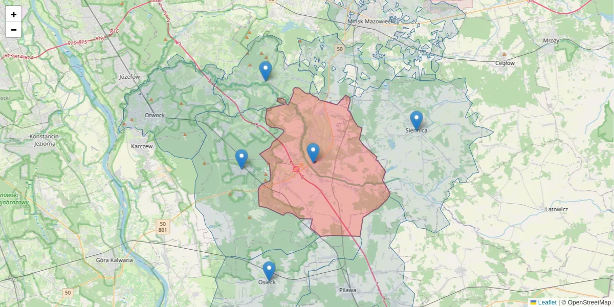 Szczegółowa mapa kodu pocztowego 05-340 z granicami, sąsiednimi kodami pocztowymi i urzędami pocztowymi