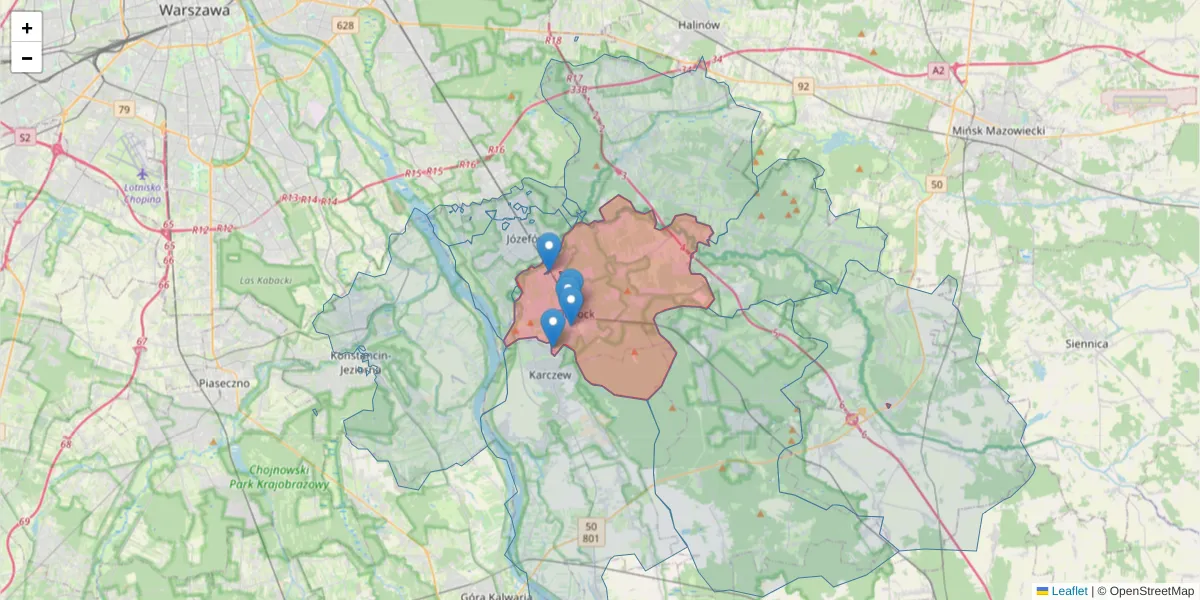 Szczegółowa mapa kodu pocztowego 05-400 z granicami, sąsiednimi kodami pocztowymi i urzędami pocztowymi
