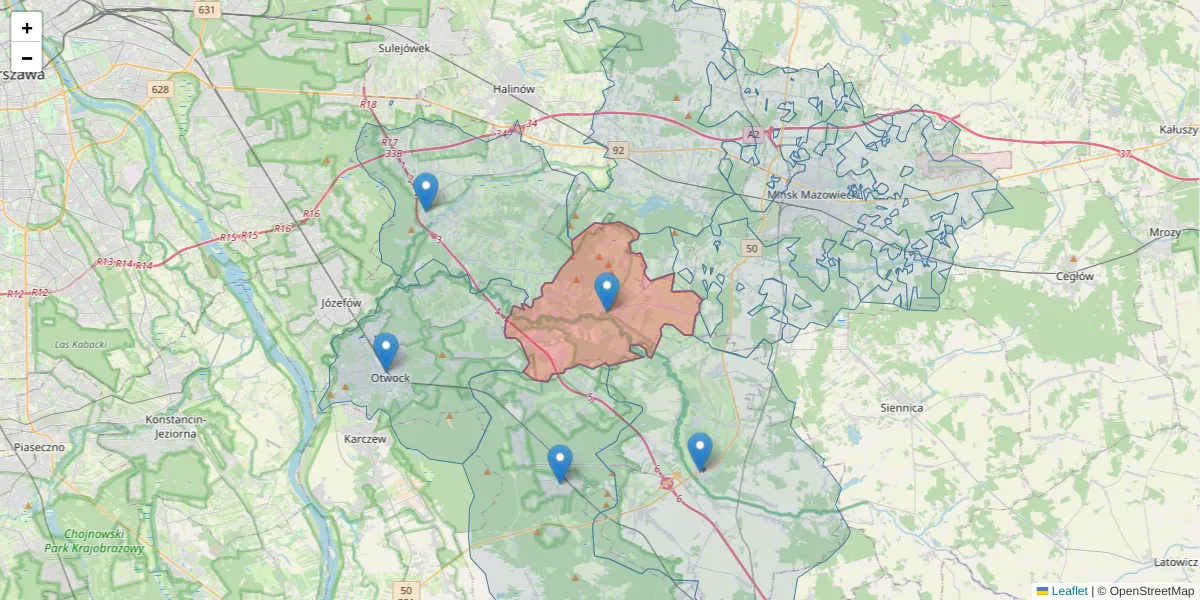 Szczegółowa mapa kodu pocztowego 05-408 z granicami, sąsiednimi kodami pocztowymi i urzędami pocztowymi